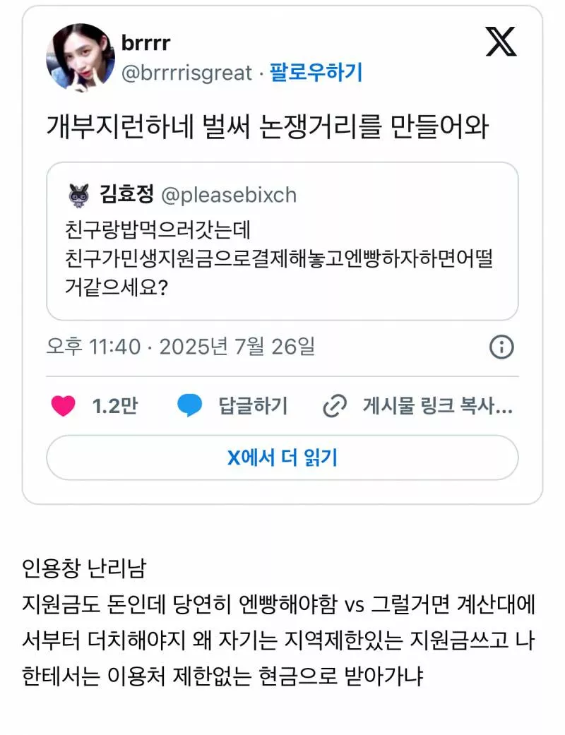 현재 인용, 알티터진 민생지원금 엔빵 논쟁.JPG | 인스티즈